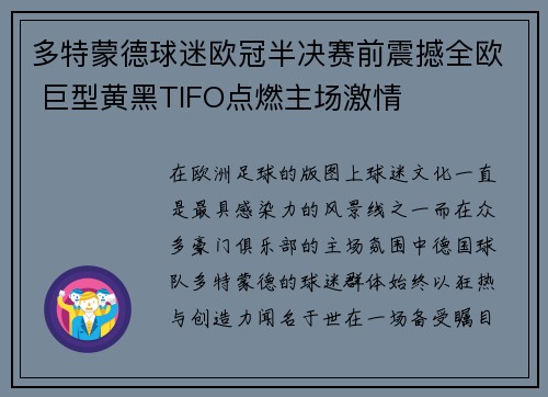 多特蒙德球迷欧冠半决赛前震撼全欧 巨型黄黑TIFO点燃主场激情
